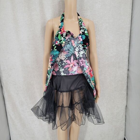 DBA LA Vtg 80s Tropical Floral Halter Rockabilly Pin-Up Swing Dress Juniors 7 - Picture 4 of 13